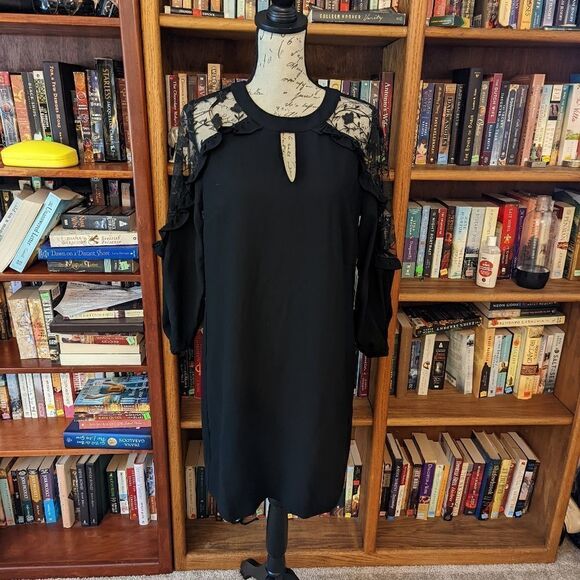 CECE black sheer long lace sleeve cold shoulder keyhole neck midi dress sz s nwt - Picture 1 of 6